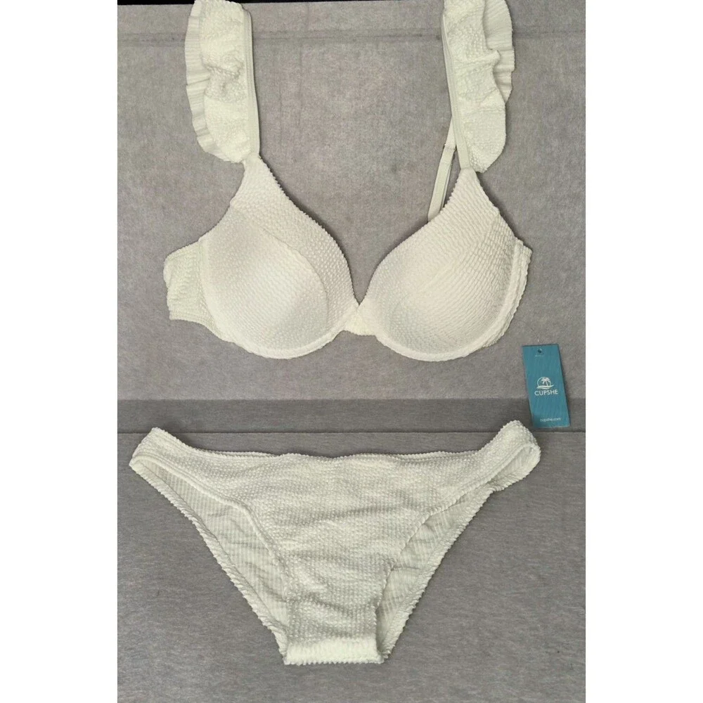 Cupshe White Textured Bikini Set Sz L Ruffle Strap 2 Piece Swimwear NWT